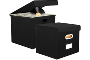 AOLAWCO 2 Pack 12-inch Vinyl Record Storage Box, Foldable & Stackable LP Storage Boxes Holds up to 90+ Single Records, CD Storage Case with Lid & Handles for Valuable Album , CDs, Passports, Files Collection