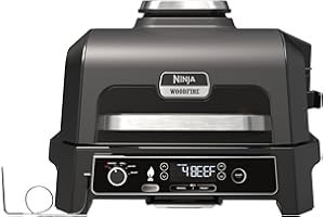 Ninja Woodfire Barbecue Elettrico XL, Griglia Friggitrice ad Aria e Affumicatore 4 in 1 da Esterno, con Termometro a Sonda Digitale, Sistema di Cottura Intelligente Smart Cook, Grigio/Nero, OG850EU