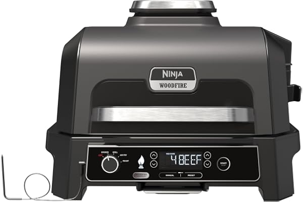 Ninja Woodfire Barbecue électrique et fumoir Pro XL avec thermomètre, barbecue et Air fryer d'extérieur 4-en-1 avec système Smart Cook et granulés Woodfire, portatif, gris/noir, OG850EU