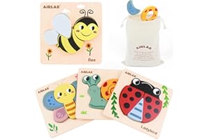 Airlab Wooden Jigsaw Puzzle for Kids, Garden Animals Chunky Shape Puzzles for Toddlers Over 1 2 3 Year Olds, Baby Montessori Preschool Educational Learning Toys for Girls Boys, Children Handmade Toys