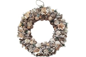 Neo Luxury Extra Large Frosted Pinecone Red Rose Flower Winter Wreath 50cm Home Artificial Christmas Festive Front Door Decoration (Frosted Pine Cone)