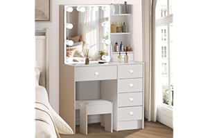 Aovquof Toaletka z oświetleniem LED, 3 kolory z regulacją jasności, toaletka z lustrem do makijażu, toaletka z lustrem, biała M41