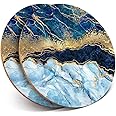2 x Round Coasters - Marbled Art Effect Blue Gold Marble - Cork Backed Home Kitchen Accessory Tea Coffee Mug Mat #21152
