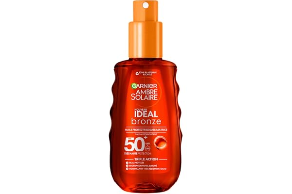 Garnier Ambre Solaire – Ideal Bronze – Huile Protectrice Sublimatrice de Bronzage – Très Haute Protection FPS 50+ - Enrichie à la Vitamine E – Non Gras – Non Collant – Tous Types de Peau - 150 ml