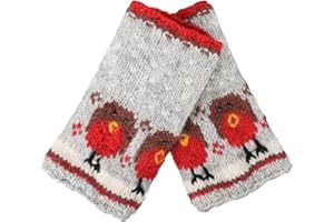 PACHA MAMA Damen Wolle Handwärmer Fleece gefüttert Handgestrickt Rotkehlchen mehrfarbig Einheitsgröße handgefertigt extra warm Pachamama Fair Trade, Grau, Rot, Braun, Weiß, Gelb, 38