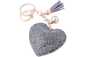 Soleebee en Cuir Amour Coeur Keychain Bling SS6 Premium Cristal De Voiture Porte-clés Valise Sacs À Dos Accessoires Charme avec Glands (Gris)