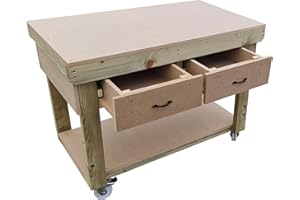 ARBOR GARDEN SOLUTIONS Wooden Workbench MDF Top With Drawers - Legs with Wheels - Industrial Heavy-duty Garage Storage Table (6ft)