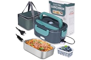 XREXS Scaldavivande Elettrico Portatile 60W, 1,5L, 3 in 1 (12V/24V/220V) - Ideale per Auto, Ranzo, Pranzo, Casa, Campeggio - Riscaldamento Portatile con Forchetta Inclusa