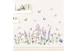 wondever Fioletowe kwiaty lawendy naklejki narożne na ścianę ogród kwiatowe motyle listwa przypodłogowa linia przypodłogowa naklejki ścienne do salonu sypialni (szer.: 145 cm)
