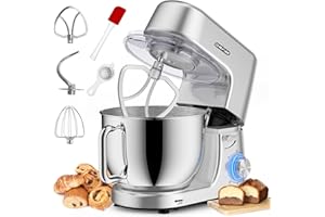 Homlee Robot Patissier,7,2L Robot Pâtissier 1800W Robot Pétrin Professionnel,Bol Acier Inoxydable,Fouet,Batteur,Crochet,Pare-éclaboussures 6+P Vitesses