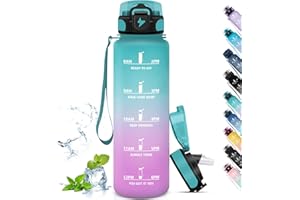Grsta Botella Agua Gimnasio con Pajita, Botella Agua 1 Litro, Fácil de Limpiar, Cantimplora Deporte, Marca de Tiempo, Cantimplora para Senderismo, Bicicleta, Yoga, Correr