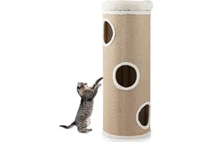 SOARS Kratztonne für Katzen XXL, 113 cm Katzentonne mit 3 Höhlen und abnehmbarem Plüschbett, Kratzbaum, Katzenturm, Ø 39 cm