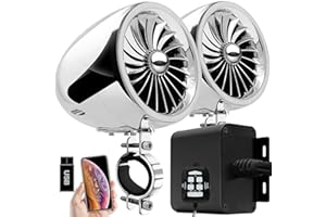 Aileap MX150 Moto Sistema Audio Amplificatore con AUX, USB, Radio FM, 4 Inch Gamma Completa Impermeabile Bluetooth Altoparlanti Stereo, Adatto per 1-1.5 in. Manubrio Moto ATV UTV (Chrome, Ventilatore)