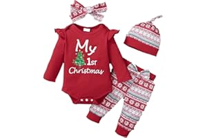 VERVE JELLY Toddler Infant Baby Girls My 1st Christmas Outfits Mamelucos de Navidad Body de manga larga con estampado de letras Pantalones de copo de nieve con sombrero Diadema Conjunto de 4 piezas