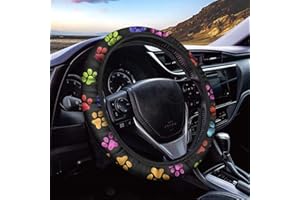 Dolyues Black Background Car Steering Wheel Cover for Women Men, Watercolor Animal Paw Print Adorable Automotive Steering Wheel Cover Cars Decor Accessories, Soft Comfort Grip