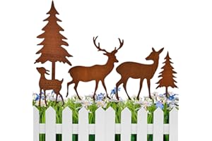 Zuxbolf 5 Pièces Piquet de Jardin en Métal Rouillé, Décoration de Jardin en Métal Rouillé Noël 2 Sapins de Noël + 3 Cerfs, Piquets de Jardin Decoratif pour Jardin, Pot de Fleurs, Extérieur