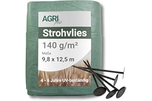 AGRI Plus Tessuto Non Tessuto di Paglia 9,8 x 12,5 m, con 12 Chiodi in plastica, 140 g/m², Tessuto di Protezione in Polipropilene, Resistente alle intemperie e ai Raggi UV