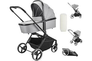 Booboo Kinderwagen Jazzi 2 in 1 Kombi-Kinderwagen inkl. Babywanne mit Matratze, Sportwagen, Sportsitz mit Liegefunktion, Zusammenklappbar - Grey