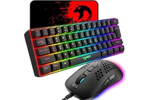 ‎KUIYN 60% przewodowa kompaktowa klawiatura do gier 61 klawiszy 11 pełnych klawiszy efekty podświetlenia RGB Anti-ghosting + przewodowa mysz Gamng Mysz optyczna o strukturze plastra miodu + podkładka mysz