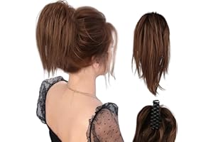 XIEJ Pferdeschwanz mit Klammer, Flauschig Unordentlich Brötchen Haarteil, Ponytail Natürliches Pferdeschwanz Haarteil, Haarverlängerunge Unordentlich Dutt Braun Blond für Damen Mädchen(Braun)