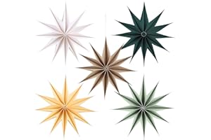 BestoFun 5 Stück Papiersterne Weihnachten Braun 30cm Beige 12 Zacken Papiersterne Faltsterne mit Klettverschluss Dunkelgrün Aufhängen Weiß Salbeig