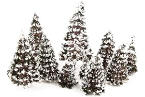 Yetaha 16Pcs Mixed Scale Model Cedar Trees w Snow Diorama Train Railway Winter Scenery Height 6/8/10/12cm each 4Pcs