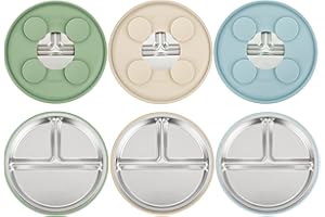 PandaEar Paquete de 3 Platos de Acero Inoxidable para Bebé, Plato Dividido para Niños Pequeños para el Método de Alimentación Autónoma, Set de Alimentación para Bebé Antideslizante (Azul/Verde/Marrón)