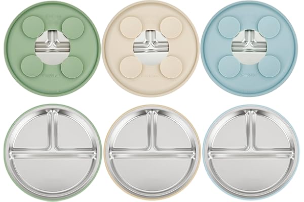 PandaEar Paquete de 3 Platos de Acero Inoxidable para Bebé, Plato Dividido para Niños Pequeños para el Método de Alimentación Autónoma, Set de Alimentación para Bebé Antideslizante (Azul/Verde/Marrón)