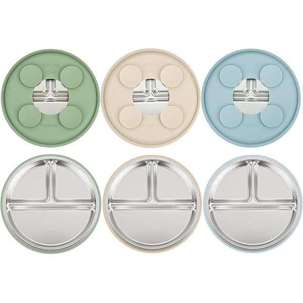 Lot De 2 Assiettes Bébé Avec Ventouses - Acier Inoxydable 304 - Incassable, Sans BPA - 3 Compartiments - Passent Au Lave-vaisselle