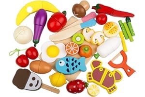 MEDOGA Wooden Play Food 32 Pcs Cutting Food Fruits and Vegetables Toys Pretend Food Toy Food for Toddlers with Storage Box (32 pcs)