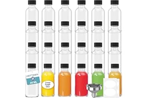 HEFTMAN Glass Shot Bottles with Lids - 24 Pack 60ml Empty Mini Bottles for Ginger Shots with 3 Funnels & Labels - Reusable, Clear, Airtight - Ideal for Juice, Oils, Liquor, Sauces