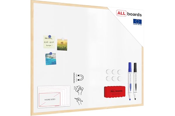 ALLboards Tableau Blanc Magnétique Effaçable à Sec avec Cadre en Bois 100x80cm, Whiteboards