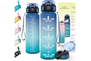 Baramumu Botella agua 1 litro, con Pajita, Botella agua Gimnasio, a Prueba de Fugas, Cantimplora, con Marcador de Tiempo, Cantimplora Gym, para Deporte, Ciclismo, Oficina, Yoga, Azul-Verde