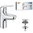 GROHE Swift QuickFix – Basin Mixer Tap with Push-Open Waste Set & Child-Safety Lock (S-Size 167mm, 28 mm Ceramic Cartridge, Water-Saving, Tails 3/8 Inch, Easy to Fit with QuickTool), Chrome, 24319001