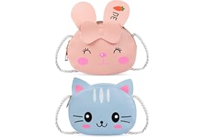 Wodasi 2 Pezzi Borsa a Tracolla per Bambine, PU, Simpatica, Borsetta con Grazioso Motivo di Gatto Coniglio