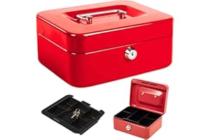 MARCO PAUL INTERIORS Marco Paul 10" Inch Red Heavy Duty Money Box with Lock Metal Lock Box Money Tin Cash Boxes With Keys Petty Cash Tin Money Saving Box for Adults Strong Small Metal Money Safe for Cash