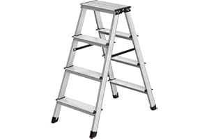 SONGMICS Échelle, Escabeau, Échelle en Alliage d'Aluminium, avec 4 Marches, Marche Pied Multifonctions, Charge : 150 kg, Gris Argent et Noir d'encre GLT014E01