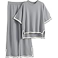 Faleave Womens Knit 2 Piece Sweater Sets Short Sleeve Pullover Tops Elastic Waist Wide Leg Pants Lounge Set