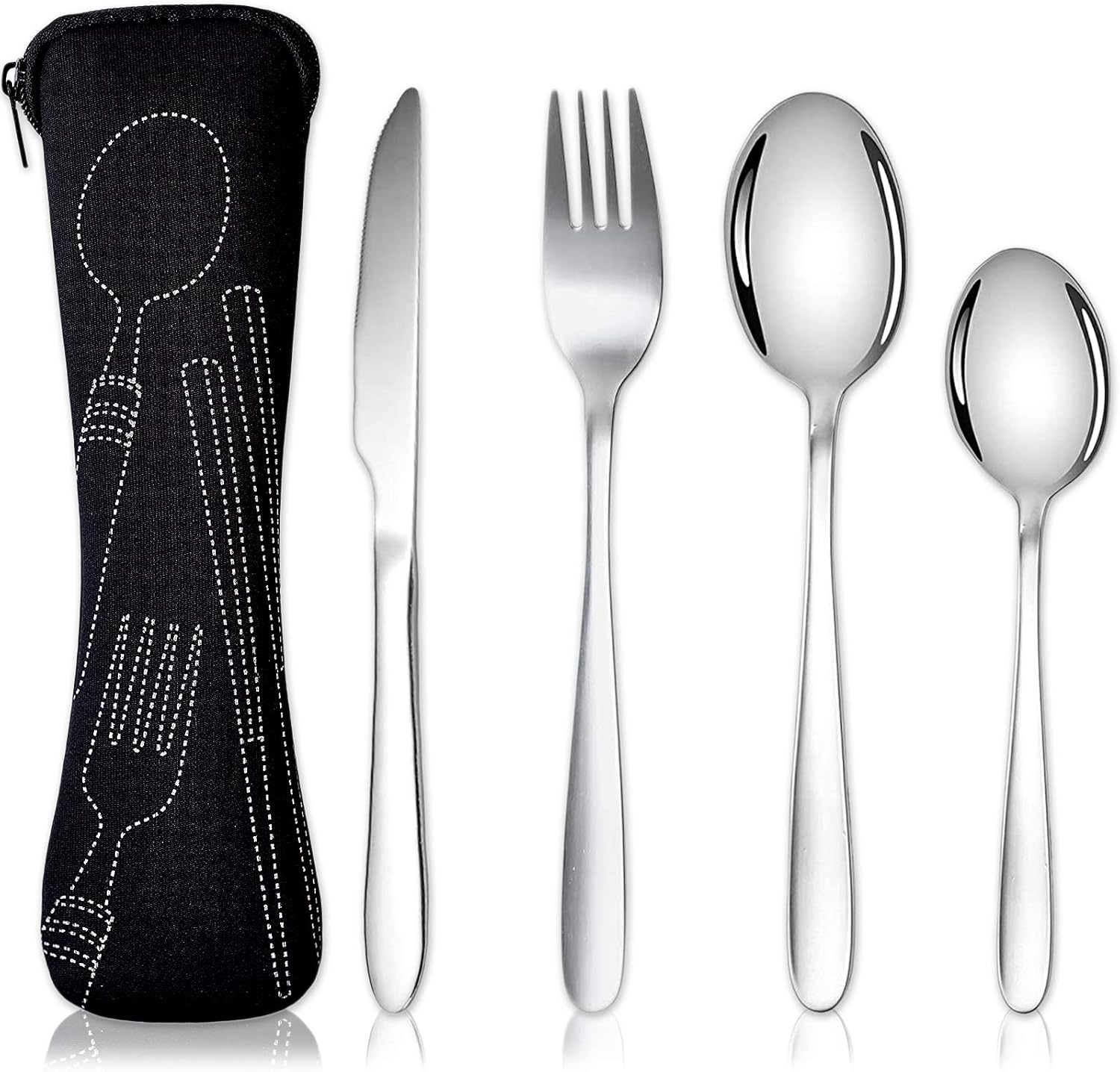 Acehome Cutlery Set with Portable Pouch Case, Stainless Steel Flatware Camping Utensil Set with Neoprene Bag for Outdoor Travel Picnic Office School Lunch Box (4 Pcs Black)