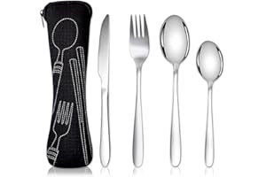 Acehome Cutlery Set with Portable Pouch Case, Stainless Steel Flatware Camping Utensil Set with Neoprene Bag for Outdoor Travel Picnic Office School Lunch Box (4 Pcs Black)