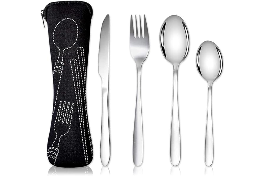 Acehome Cutlery Set with Portable Pouch Case, Stainless Steel Flatware Camping Utensil Set with Neoprene Bag for Outdoor Travel Picnic Office School Lunch Box (4 Pcs Black)