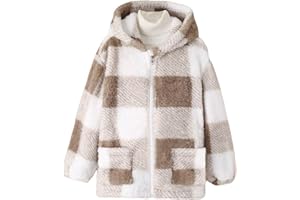 Xumplo Girls Fleece Jacket Kids Fluffy Warm Coat Young Girls Zip Up Plaid Hooded Clothes Teens Winter Outerwear