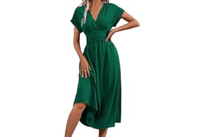 QUNERY Robe Longue Femme Ete/Automne Elégante Robes de Plage Manches Courtes/Longues V Taille Haute Robe Unie Maxi Casual et Chic Dress