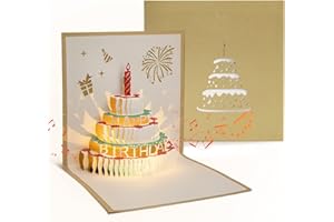 DORART Carte Anniversaire Cartes de Vœux Femme Homme avec Music et Lumière, Invitation Anniversaire Fille Garçon, Carte Vœux Pop Up 3D avec Enveloppe, Doré