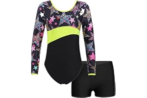 JanJean Enfant Fille Justaucorps Gymnastique Short Licorne Imprimé Manches Longues Leotard Gym Yoga Tenue Patinage Artistique Costume Spectacle 3-14 Ans