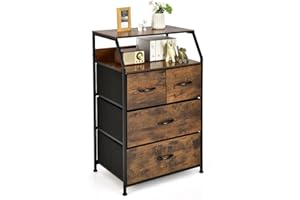 CASART Chest of Drawers, Wooden Storage Cabinet with Folding Drawers & Shelves, Utility Dresser Sideboard for Living Room Bedroom Hallway (4 drawers+2 Shelves-60 x 39 x 96cm, Brown+Black)