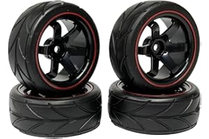 KINGCOO 4PCS RC Pneus de Voiture sur Route,64mm Pneus en Caoutchouc Jantes Hex de 12MM pour 1/10 RC sur Route Run-Flating Touring Racing Car pour HSP HPI Kyosho Tamiya (6Rayons-Noir Rouge)