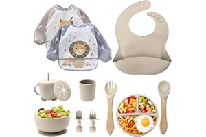 CUBTEM Talerz dla niemowląt, zestaw 12 zestawów posiłków dla niemowląt, miska i łyżka dla niemowląt, silikonowy śliniaczek dla niemowląt, talerz z przyssawką dla niemowląt, zestaw sztućców dla dzieci do odst