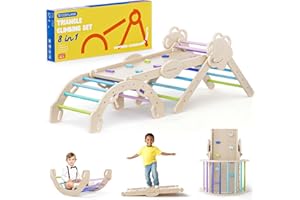 COSYLAND 8 en 1 Triángulo de Escalada Montessori con Arco y Rampa, Set Plegable Infantil, Juguete de Madera Resistente para Interior, Niños 18 Meses-6 años, Natural/Colores Fríos, Grande