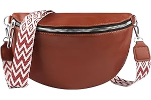 Larber Umhängetasche Damen Leder Bauchtasche Crossbag Damen Halbmond Tasche Breiter Gurt Handtasche Brusttasche Moon Bag Reißverschluss und Abnehmbar Schultergurt Umhängen Brun Men's Crossbody Bag